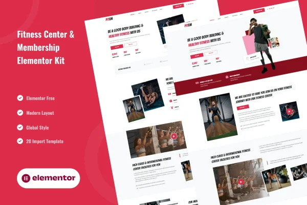 Pitem fitness center and membership Elementor template kit preview