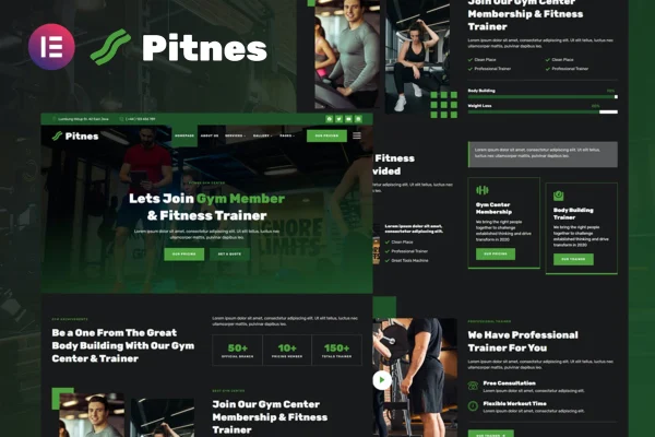 Pitnes gym and fitness Elementor template kit preview in dark and green design