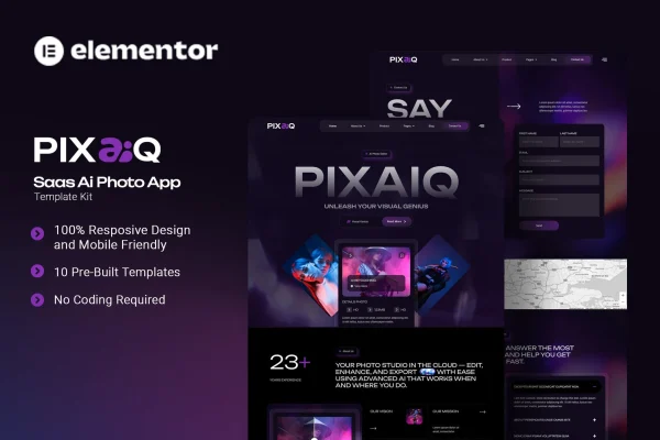 Pixaiq Elementor template kit preview for a SaaS AI photo app website