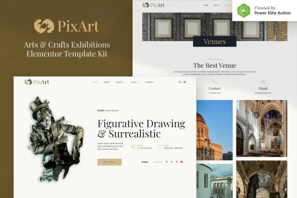 Pixart arts and crafts exhibition Elementor template kit preview