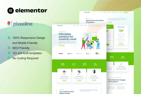 Pixeeline Elementor template kit preview for illustrators and creative agencies