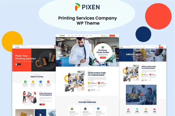 Pixeen printing services company WordPress theme preview