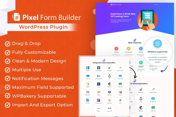 Pixel Form Builder plugin banner showing a drag and drop form editor