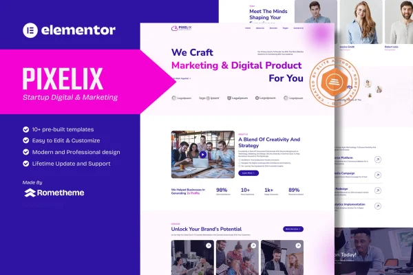 Pixelix startup digital agency Elementor template kit preview