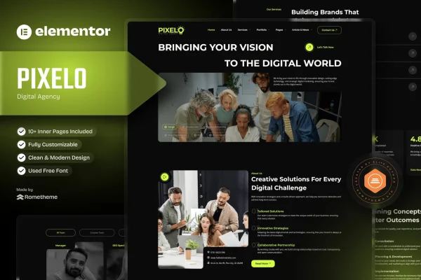 Pixelo digital agency Elementor template kit preview showing page layouts