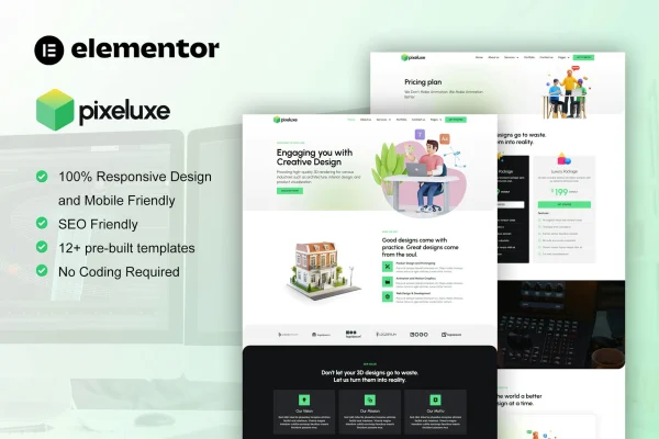 Pixeluxe 3D design studio Elementor Pro template kit preview