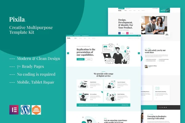 Pixila Elementor template kit preview showing creative business website page layouts
