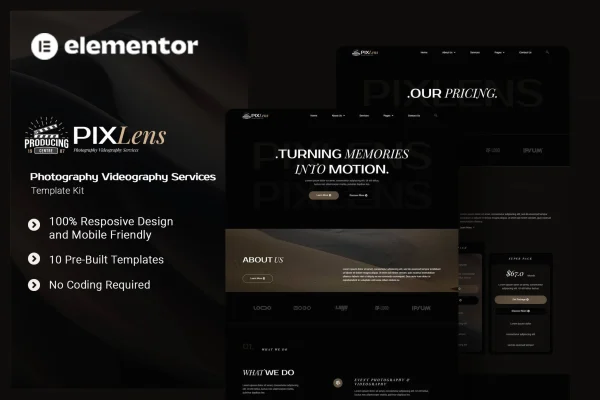 Pixlens photography and videography Elementor template kit preview