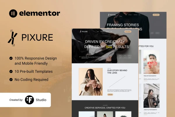 Pixure minimalist photography portfolio Elementor template kit preview