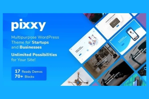 Pixxy landing page WordPress theme preview showing homepage layouts