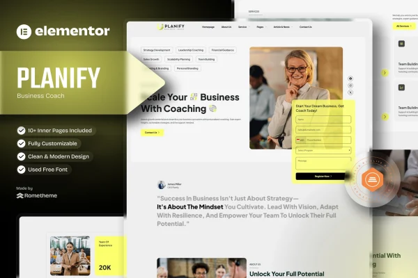 Planify business coaches Elementor template kit preview