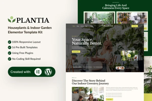 Plantia houseplants and indoor garden Elementor template kit preview