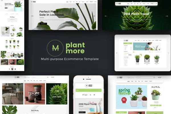 Plantmore WooCommerce theme preview for a plant and flower shop