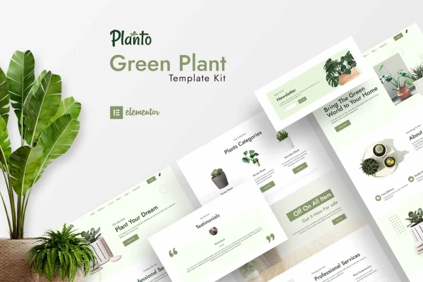 Planto green Elementor template kit preview with plant-themed page layouts