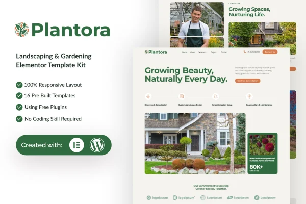 Plantora landscaping and gardening Elementor template kit preview