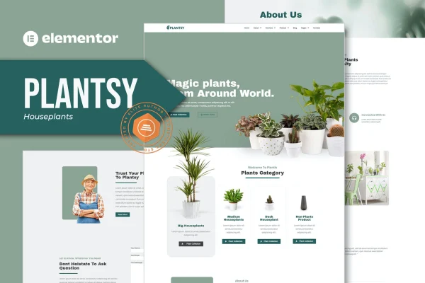 Plantsy houseplants Elementor template kit preview with botanical page layouts