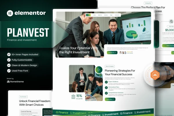 Plantvest finance and investment Elementor template kit preview