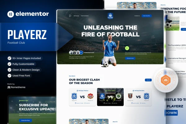 Playerz football team and sports club Elementor template kit preview