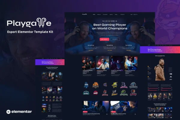 Playgame esports Elementor template kit preview with gaming website page layouts