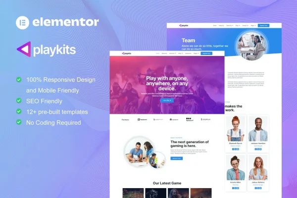 Playkits video game publisher and shop Elementor template kit preview