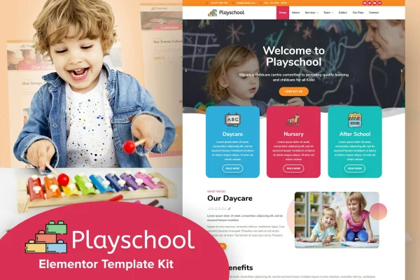 Playschool childcare and school Elementor template kit preview