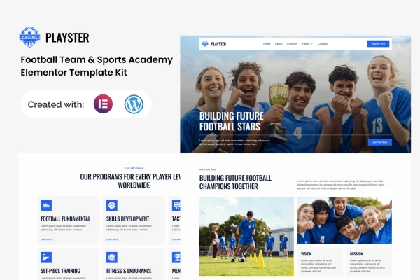 Playster football team and sports academy Elementor template kit preview