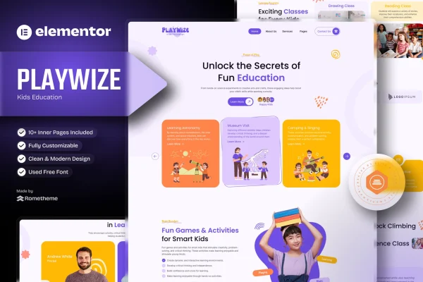 Playwize kids education Elementor template kit cover with colorful, playful page layouts