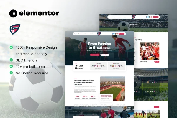 Playyon football team and sports academy Elementor template kit preview
