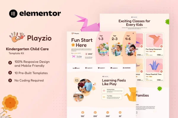 Playzio kindergarten and child care Elementor template kit preview