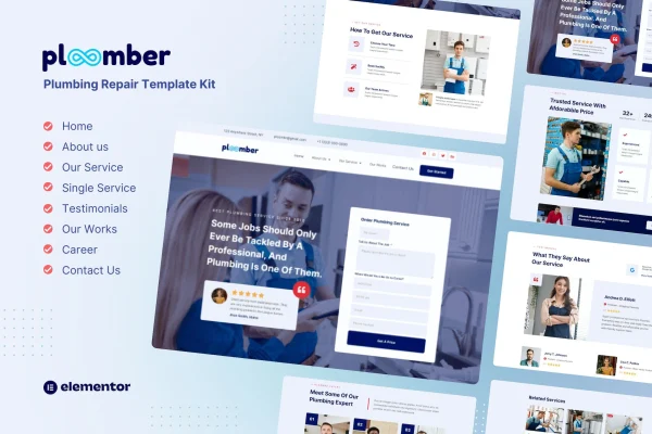 Ploomber plumbing repair Elementor template kit cover showing website page layouts