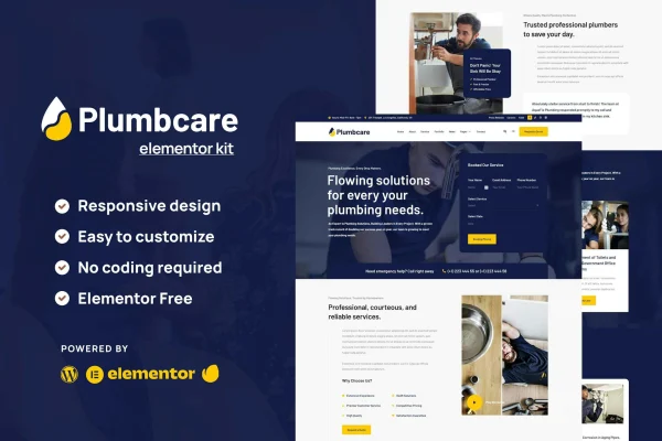 PlumbCare plumbing service Elementor template kit cover image