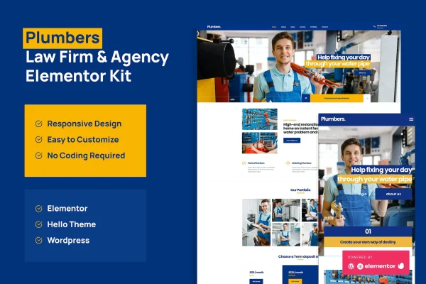 Plumber Elementor template kit preview showing plumbing company website pages