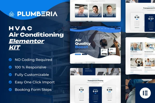 Plumberia HVAC and air conditioning Elementor template kit preview