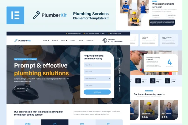 PlumberKit Elementor template kit preview showing plumbing service website pages