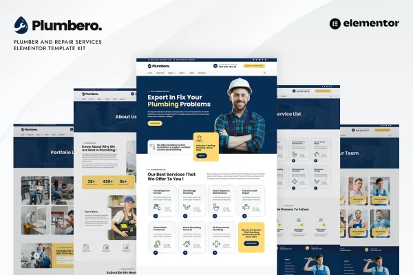 Plumbero Elementor template kit cover showing plumber and repair service website pages