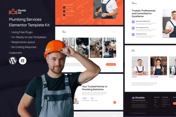 PlumbiGo plumbing services Elementor template kit preview