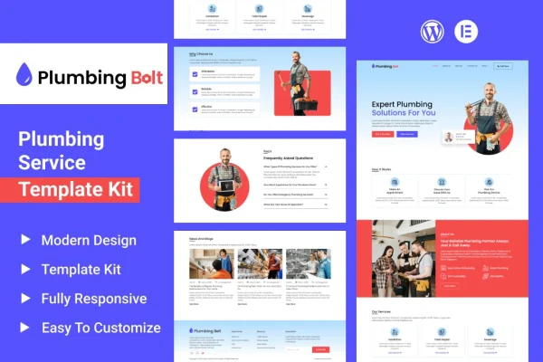 Plumbing Bolt Elementor template kit preview for a plumbing services website