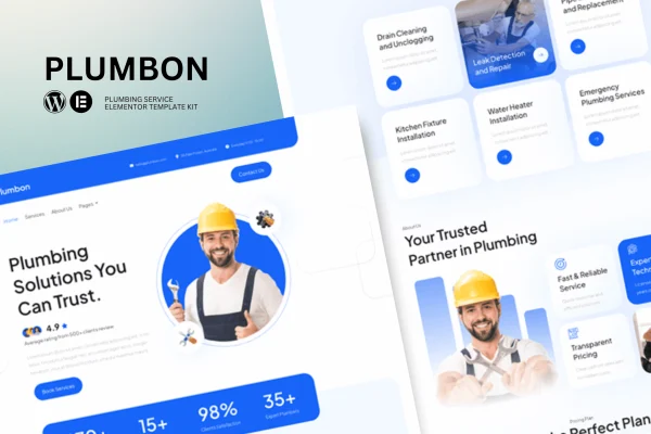Plumbon plumbing service Elementor template kit preview