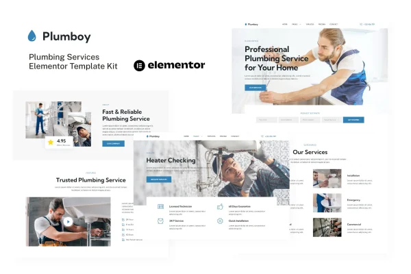 Plumboy plumbing services Elementor template kit page previews