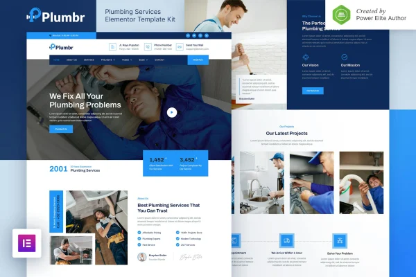 Plumbr plumbing services Elementor template kit cover showing website page layouts
