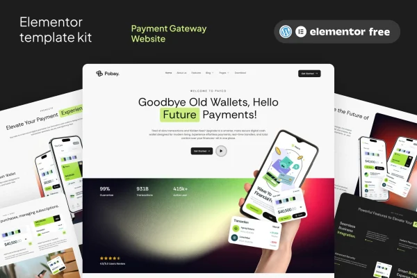 Pobay Elementor template kit preview for an online payment gateway mobile app website
