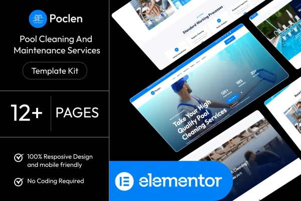 Poclen pool cleaning and maintenance services Elementor template kit preview