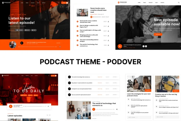 Podover podcast WordPress theme preview with homepage and episode listing layouts