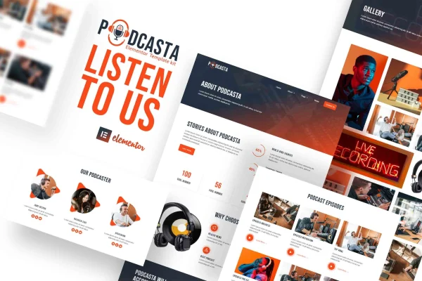 Podcasta podcast and streaming Elementor template kit preview