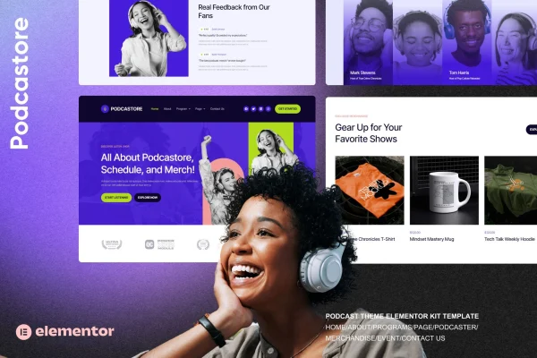 Podcastore Elementor kit preview with podcast episode and merch store pages