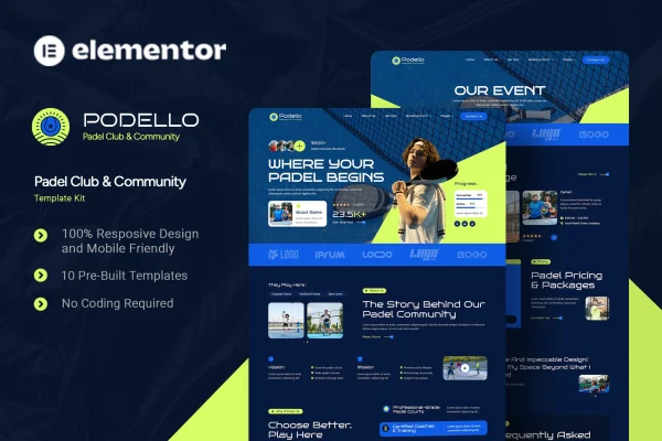 Podello padel club and community Elementor template kit preview