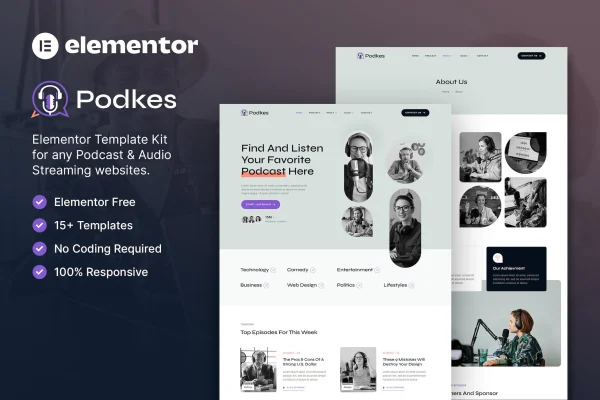 Podkes podcast and audio streaming Elementor template kit preview