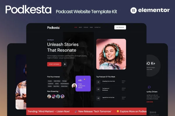 Podkesta dark theme podcast Elementor template kit preview