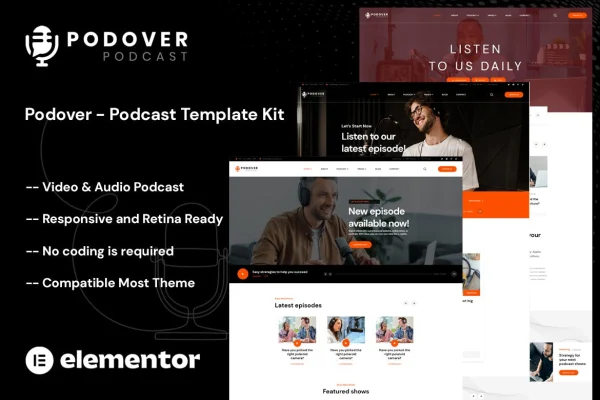 Podover podcast Elementor template kit cover image