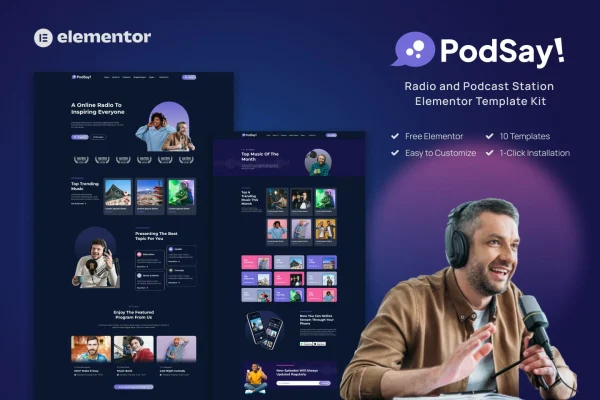 PodSay radio and podcast station Elementor template kit cover image